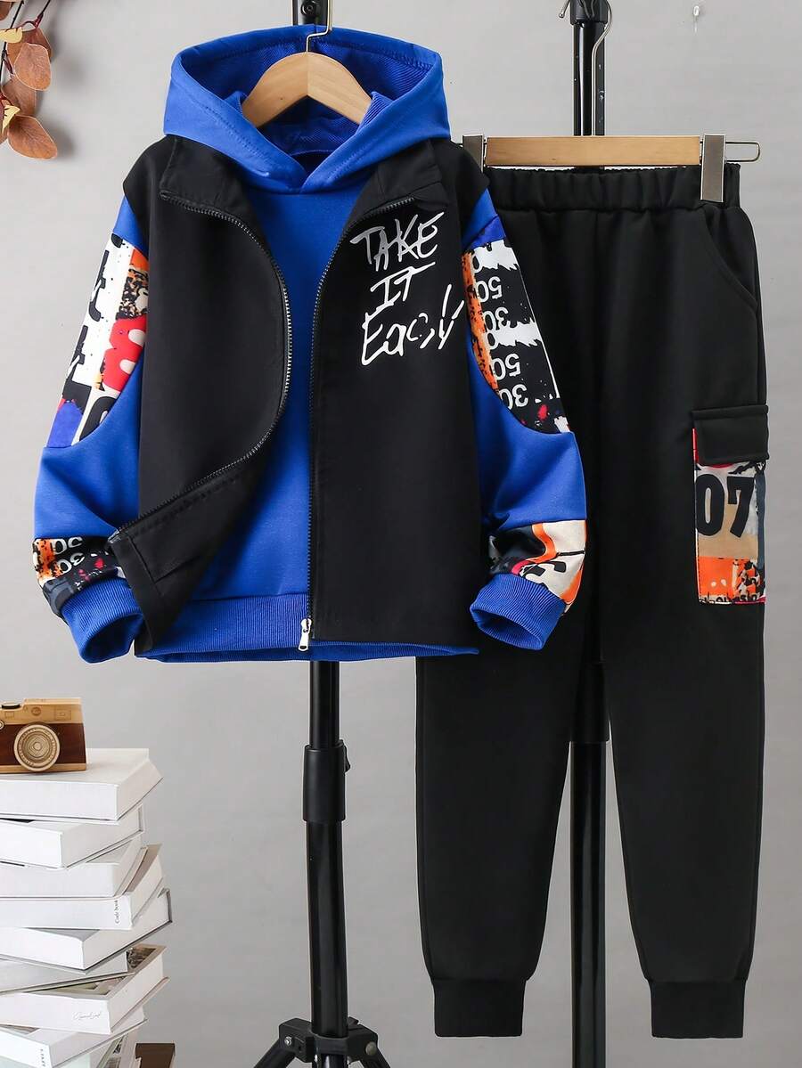 SHEIN Tween Boy Slogan Graphic Vest Jacket & Sweatpants & Hoodie - Black - View 1