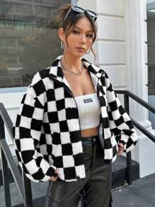 SHEIN Coolane 棋盤格印花落肩袖毛絨夾克 - 黑與白 - 查看 3