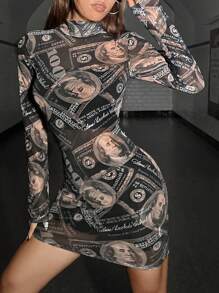 SHEIN ICON Mock Neck Dollar Mesh Bodycon Dress Without Lingerie - Black - View 3