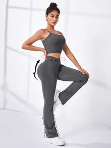 SHEIN Sports Solid Sports Set Flared Leggings Setyoga Pants Setactivewear Setyoga Sets Women - Grey - View 2