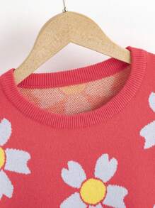 SHEIN Tween Girl Floral Pattern Drop Shoulder Sweater - Watermelon Pink - View 3