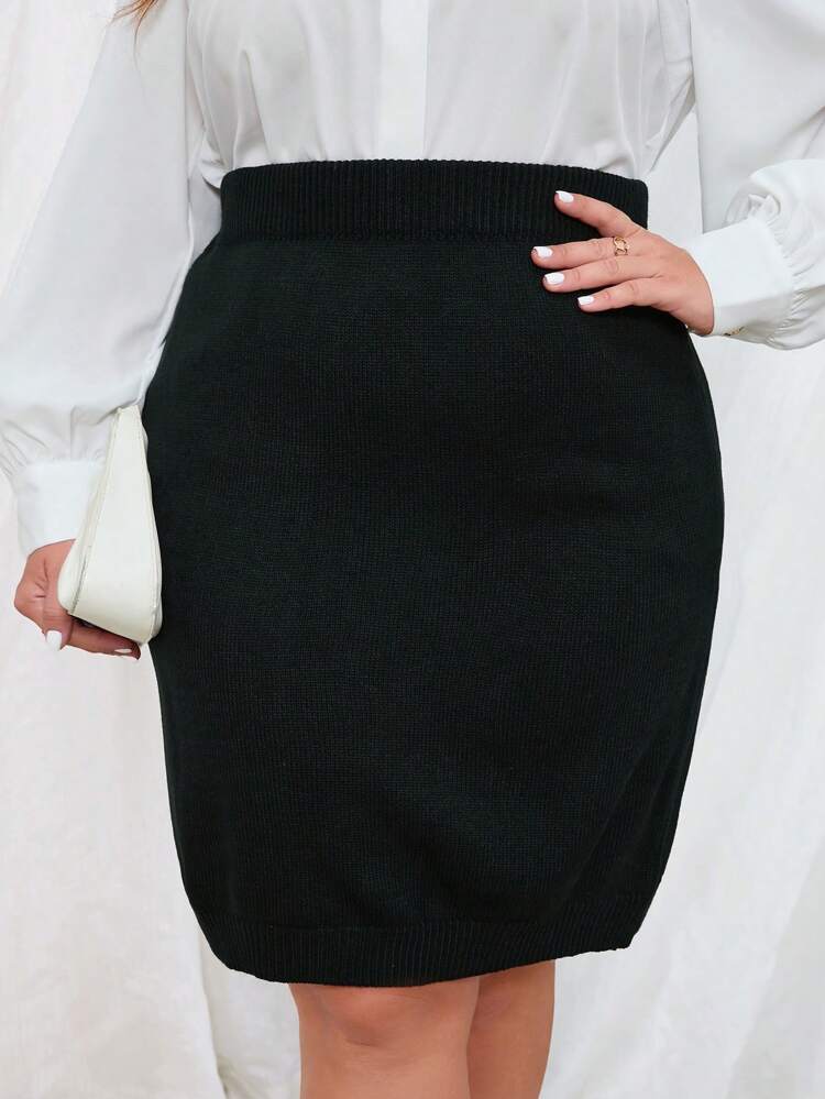 Plus Solid High Waist Knit Skirt