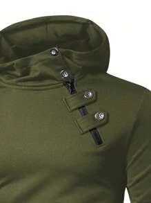 Manfinity Homme Men Button Detail Hooded Sweatshirt, Men Green Hoodie, Dark Green Hoodie, Men Casual Hoodie