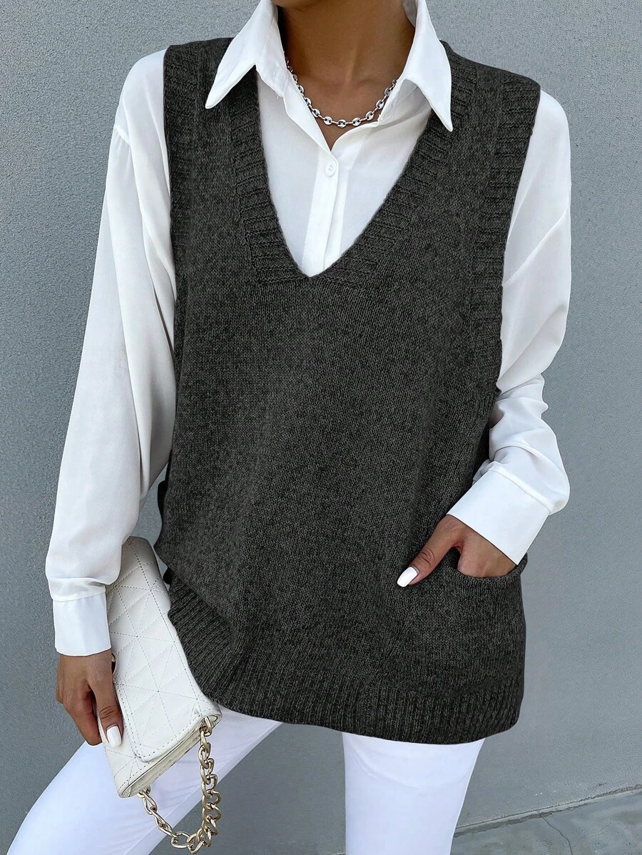 SHEIN LUNE 1 Miếng Dệt kim Marled Túi Kép Áo len vest - màu đen - Xem 1