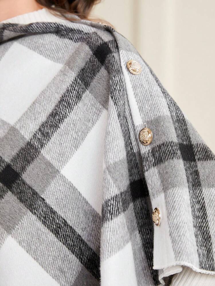 Plaid Print Batwing Sleeve Asymmetrical Hem Cape Overcoat Fall Cloth For Women