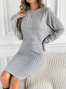 SHEIN LUNE Chất rắn Áo thun Thả vai & Váy bodycon - Xám - Xem 5