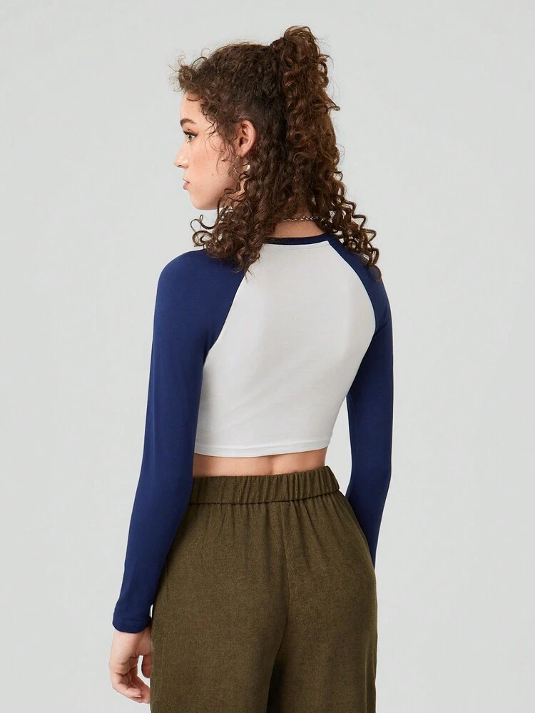 Women's Color Block Star & Letter Print Raglan Sleeve Crop T-shirt