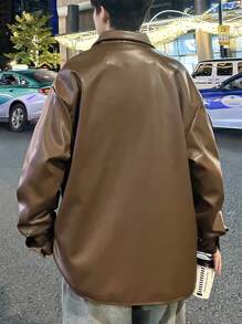 Manfinity Hypemode Men Flap Pocket Drop Shoulder PU Leather Jacket - Coffee Brown - View 2