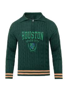 Manfinity Homme Men Letter Pattern Striped Trim Zipper Front Cable Knit Sweater - Dark Green - View 1
