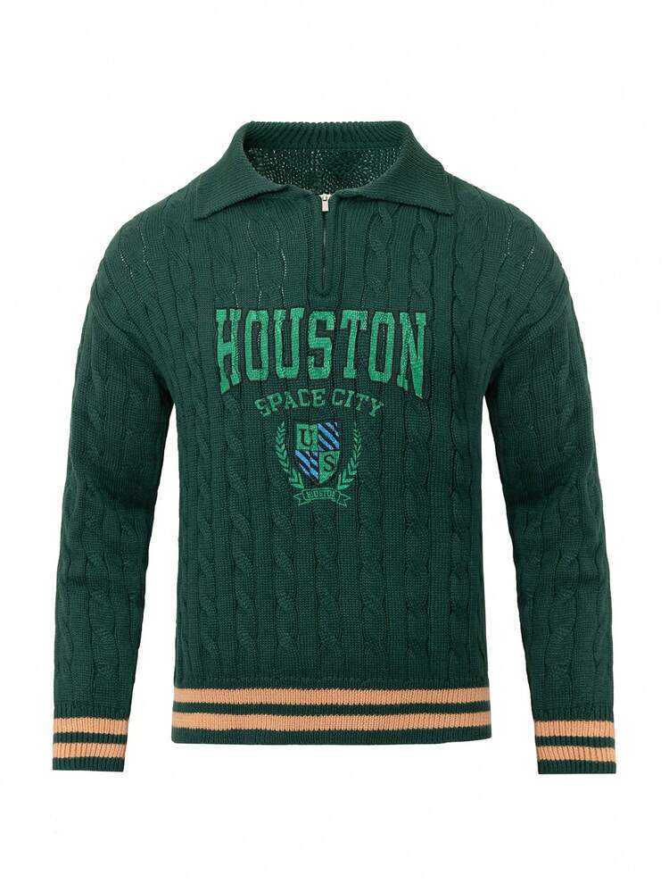 Men Letter Pattern Striped Trim Zipper Front Cable Knit Sweater