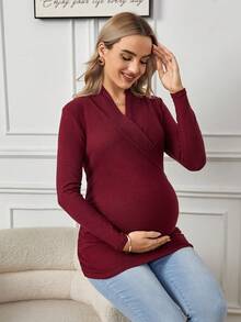 SHEIN Maternity Surplice Neck Nursing Tee - Burgundy - View 5