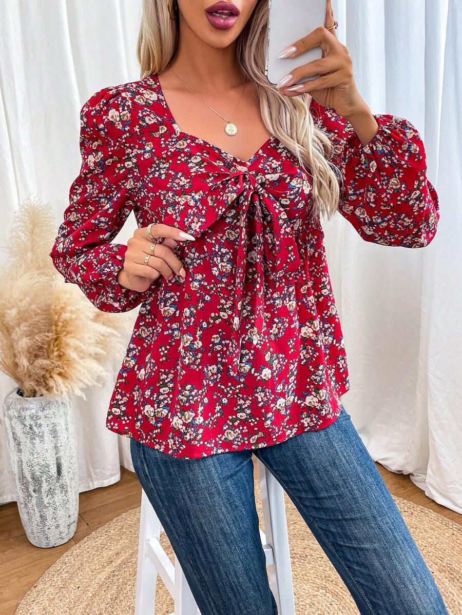 SHEIN VCAY Ditsy Floral Print Knot Front Lantern Sleeve Blouse - Red - View 1