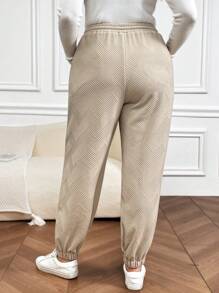 SHEIN LUNE 大碼腰部抽繩斜口袋衛褲 - 杏色 - 查看 2