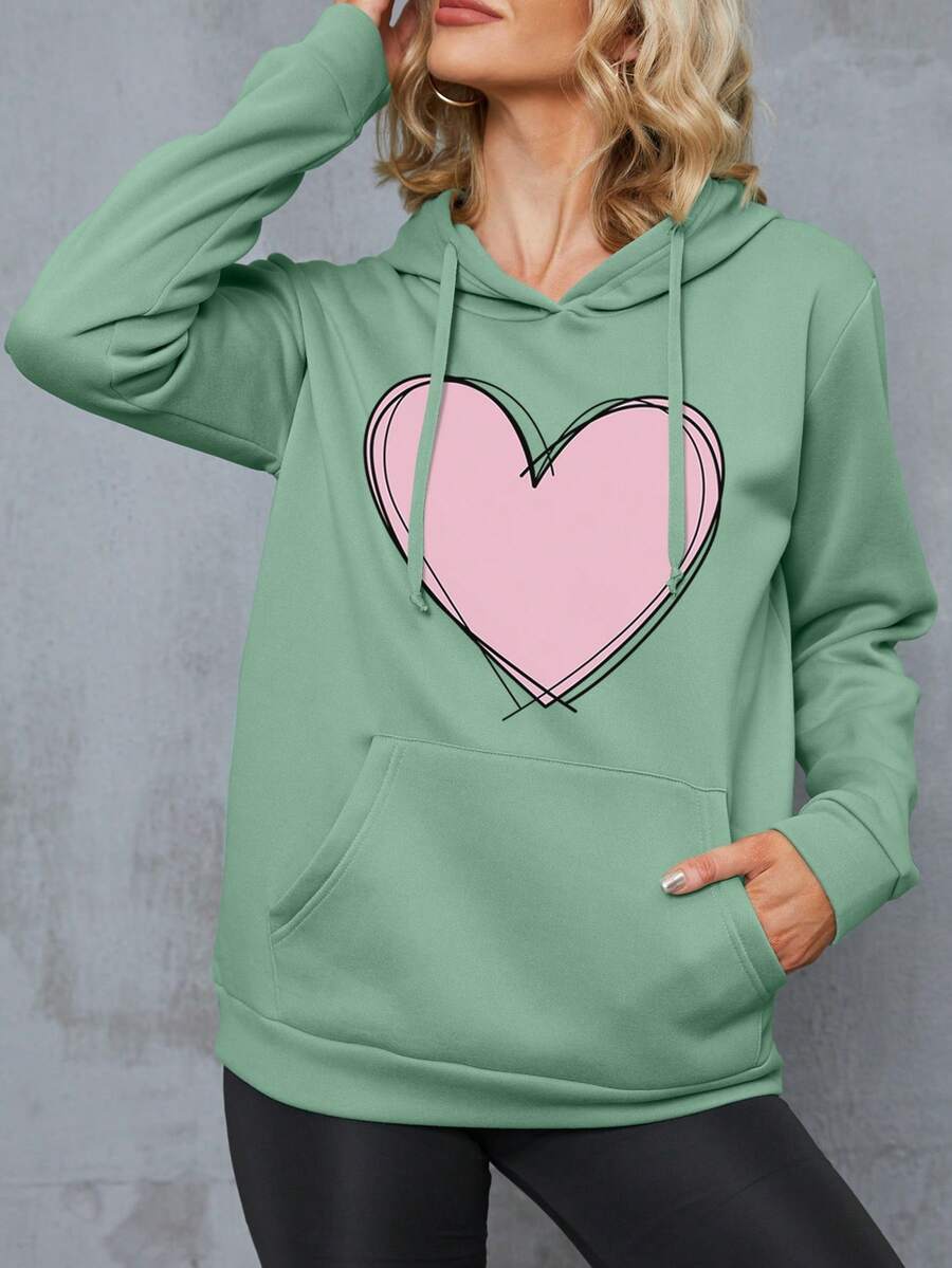 SHEIN EZwear In Trái tim Túi kangaroo Dây rút Hoodie - Màu xanh Bạc hà - Xem 1