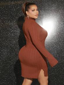 SHEIN SXY Hơn Cổ giả Cuff chia Váy bodycon - màu nâu - Xem 2