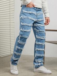 RueChic Men's Frayed Edge Zipper Waist Jeans - Blue - View 1