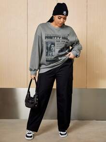 SHEIN EZwear Plus Slogan & Figure Graphic Drop Shoulder Sweatshirt - Light Grey - View 6