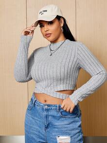 SHEIN EZwear 大尺碼女式鏤空下擺仿舊羅紋 T 卹 - 淺灰色 - 查看 6