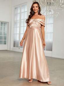SHEIN Belle Off Shoulder Twist Front Satin Maxi Formal Dress - Champagne - View 4