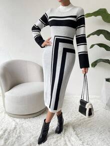 SHEIN Essnce Striped Pattern Mock Neck Sweater Dress - Black and White - View 3