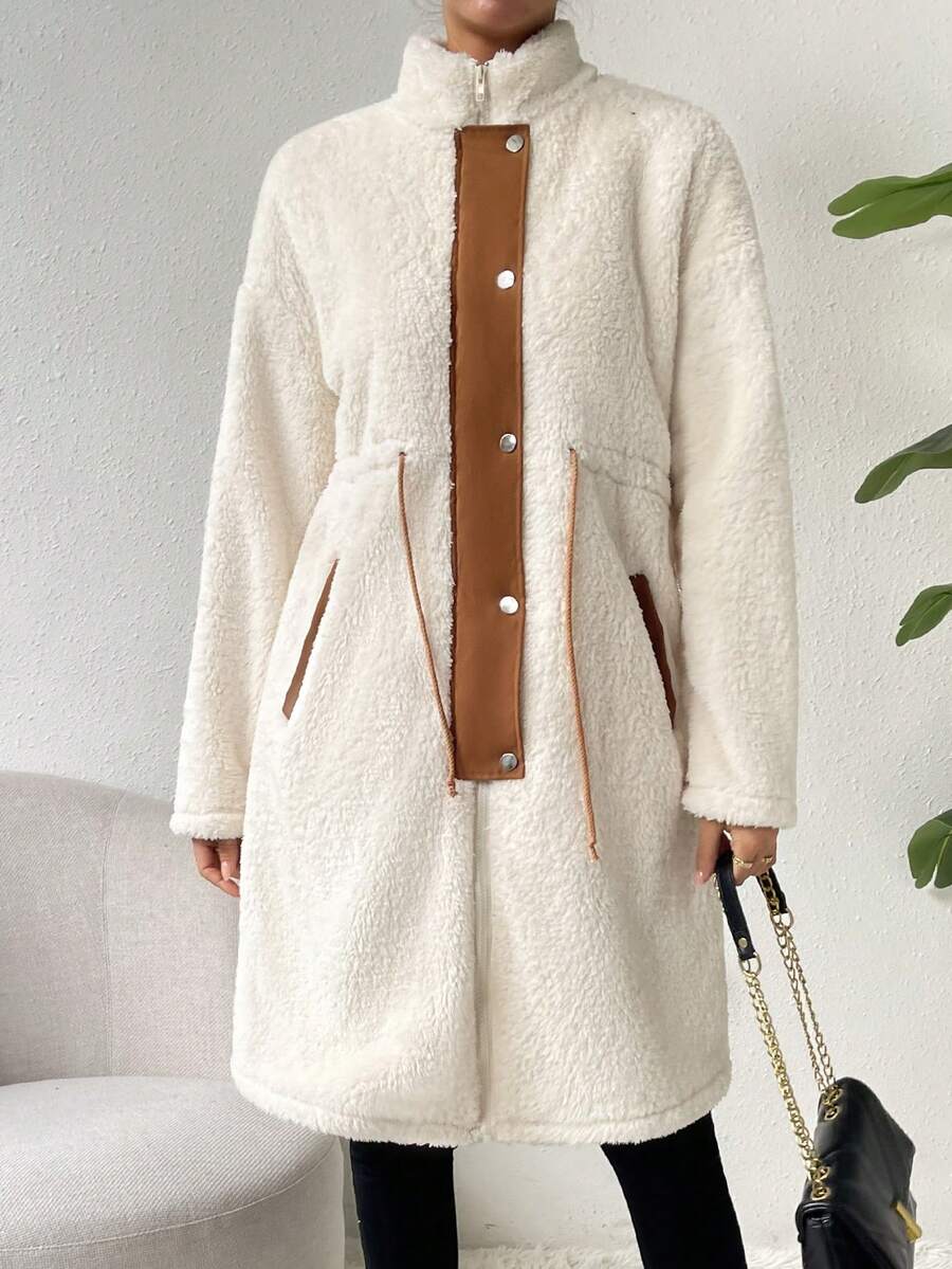SHEIN Essnce Viền tương phản Nút phía trước Áo khoác Teddy - Màu be - Xem 1