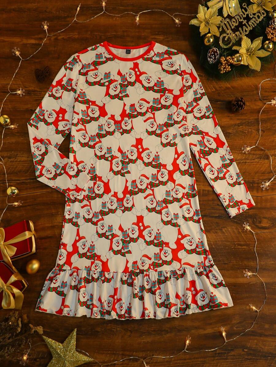 Christmas Print Ruffle Hem Nightdress - Red and White - View 1
