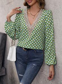 SHEIN Clasi In Toàn bộ Chèn ren Guipure Tay áo lồng đèn Áo sơ mi - màu xanh lá - Xem 1