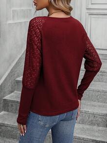 SHEIN LUNE Contrast Lace Raglan Sleeve Tee - Red - View 2