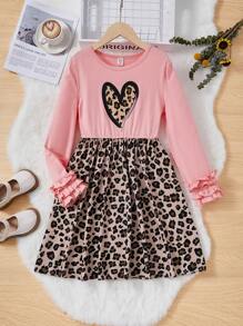 SHEIN Vestido de manga larga para niña preadolescente con estampado de leopardo y forma de corazón en la unión de patrones - Multicolor - Ver 1