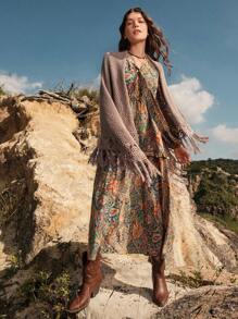 SHEIN BohoFeels 女士鉤針流蘇披肩開衫 - 卡其色 - 查看 6