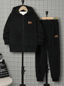 SHEIN Tween Boy 1pc Letter Patched Detail Zipper Up Hooded Jacket & 1pc Tee & 1pc Pants - Black - View 17