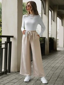 SHEIN LUNE Của phụ nữ Eo dây rút Quần ống rộng - Màu Khaki - Xem 3