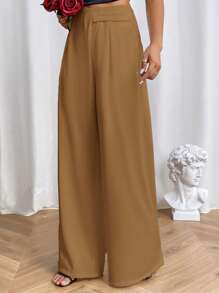 SHEIN Essnce 素色斜口袋褶皺面料闊腿西裝褲 - 卡其色 - 查看 4