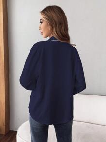 SHEIN Frenchy Tương phản ràng buộc Nút phía trước Áo sơ mi - Màu xanh hải quân - Xem 2