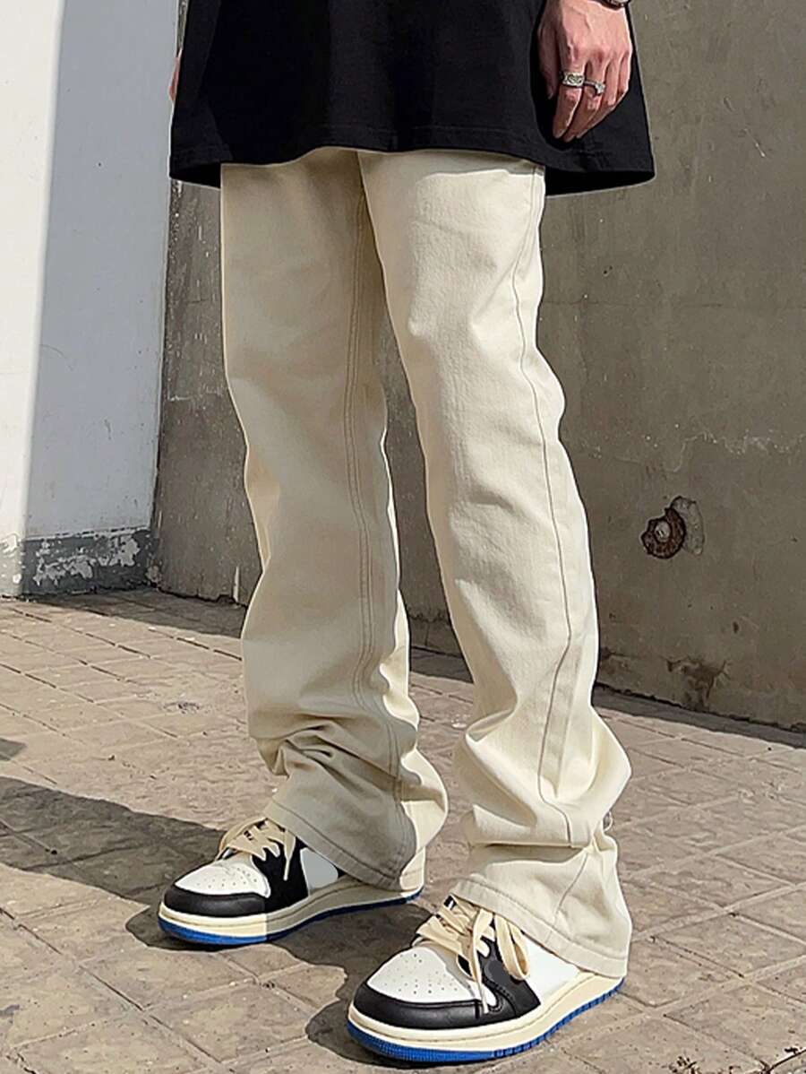 Men's Straight Leg Trousers With Pockets - Beige - View 1