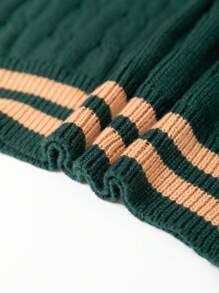 Manfinity Homme Men Letter Pattern Striped Trim Zipper Front Cable Knit Sweater - Dark Green - View 5