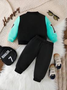 Đứa bé trai Đồ họa Chữ cái Khối màu Áo khoác bomber & Quần nỉ Without Tee - màu xanh lá - Xem 2