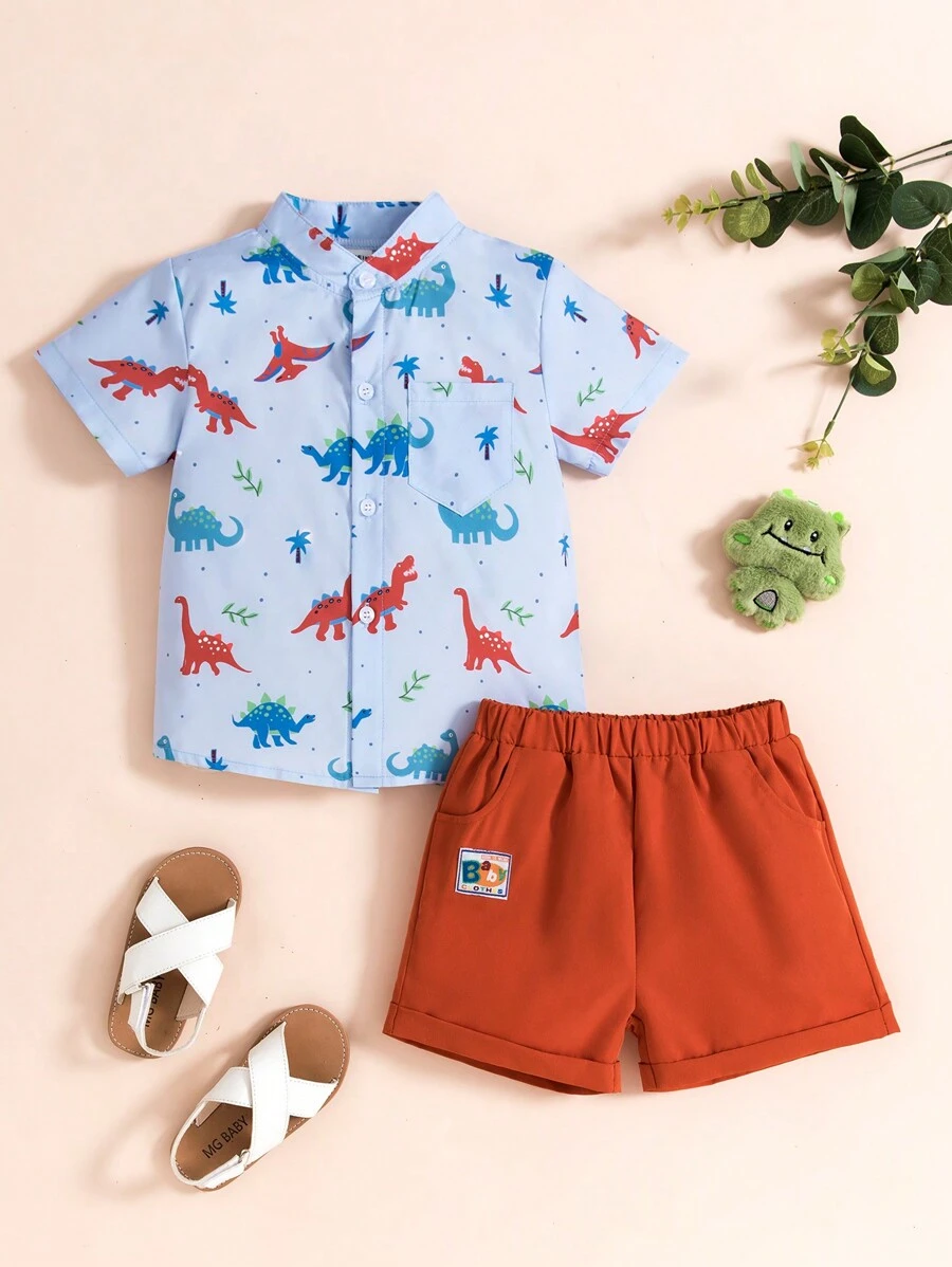 男小童恐龍印花補丁貼口袋襯衫&短褲