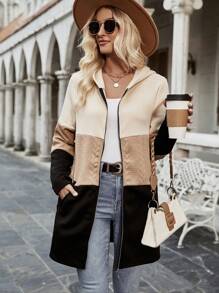 SHEIN LUNE Color Block Zip Up Hooded Coat Fall Winter Cloth For Women - Brown - View 3