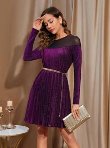 SHEIN Clasi 女款閃亮褶襉網布拼接洋裝 - 彩色 - 查看 3