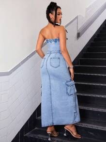 SHEIN ICON Flap Pocket Split Thigh Tube Denim Dress - Light Wash - View 2