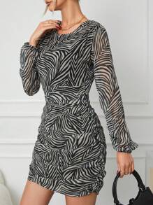 EURMUSE Women's Round Neck Raglan Lantern Sleeve Zebra Print Waist Cinched Fashionable Dress - Multicolor - View 5