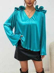 GENKIRA Viền Ruffle Xa ten Áo sơ mi - màu xanh lá - Xem 4