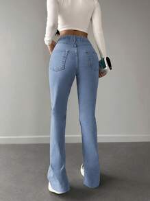 High Waisted Split Leg Jeans - Light Wash - View 2