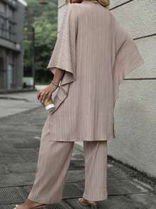 Plus Batwing Sleeve High Low Hem Top & Wide Leg Pants - Dusty Pink - View 2
