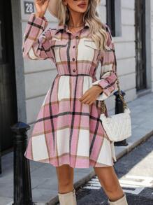 SHEIN Clasi Plaid Print Flap Detail Shirt Dress - Pink - View 1