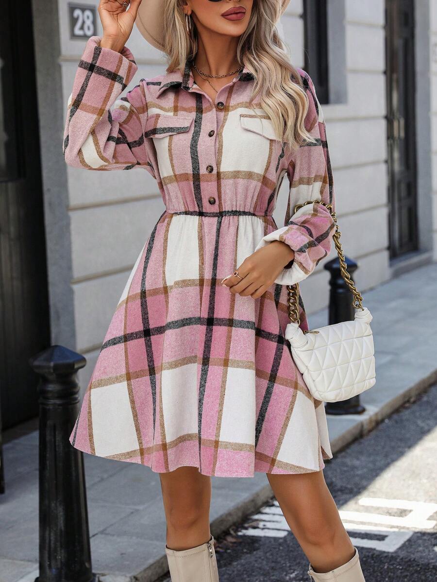 SHEIN Clasi Plaid Print Flap Detail Shirt Dress - Pink - View 1