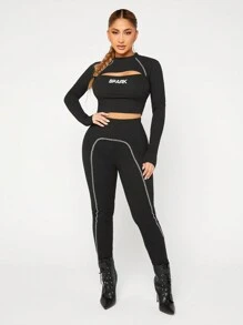 SHEIN SXY Letter Graphic Contrast Piping Crop Tee & Leggings - Black - View 1