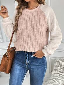 SHEIN LUNE Khối màu Tay Raglan Flannel Áo nỉ - Màu Khaki - Xem 5