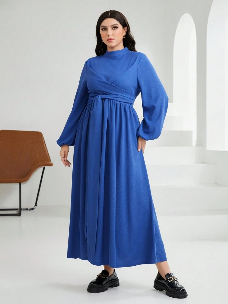 Solid Color Half High Neck Lantern Sleeve Crossover Belted Dress